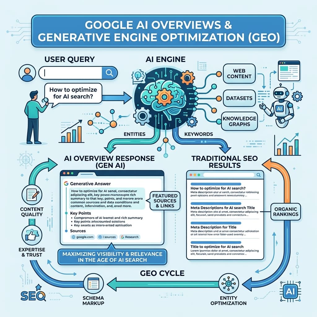 Technical overview illustration for Google AI Overviews & GEO
