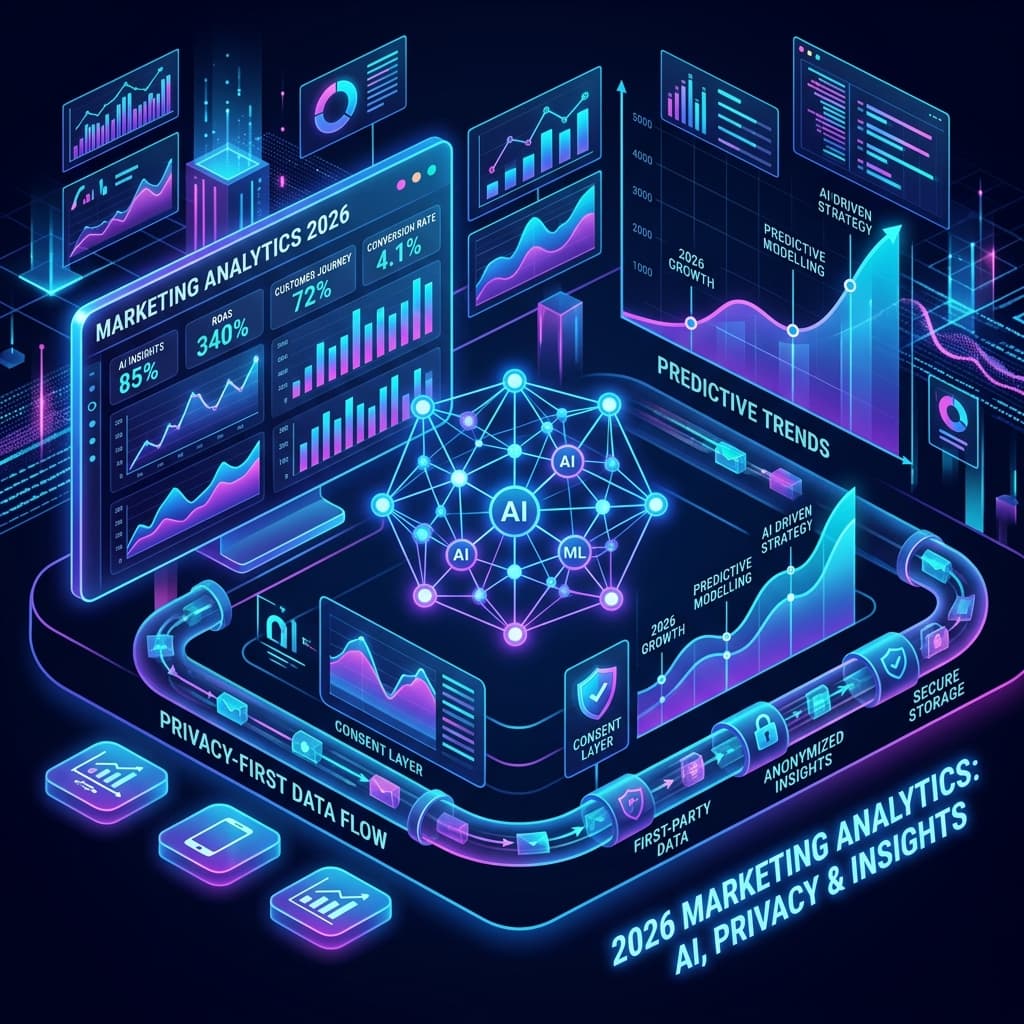 Illustration of marketing analytics dashboards, AI data modeling, and privacy-first measurement frameworks in 2026