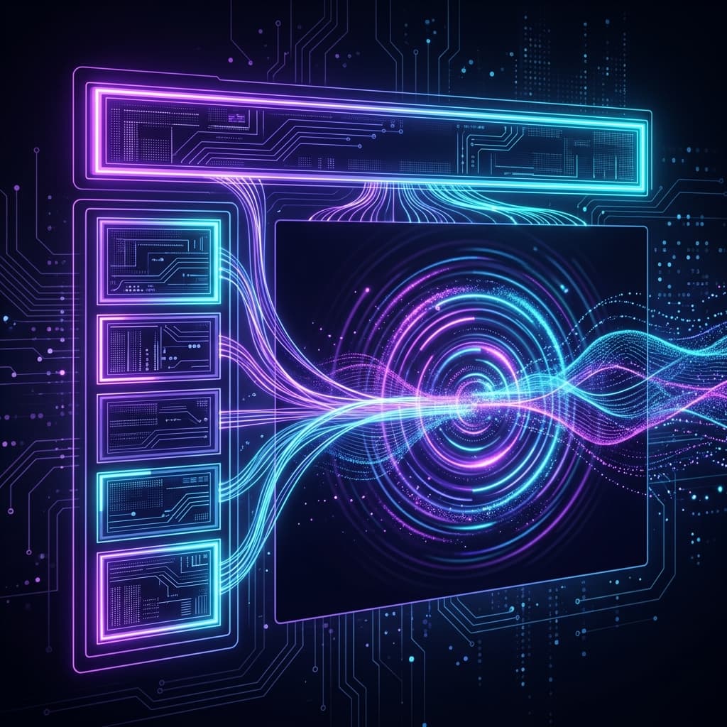 A high-tech digital illustration representing Next.js Partial Prerendering (PPR) in web development, showing static layout shells combined with dynamic content streams.