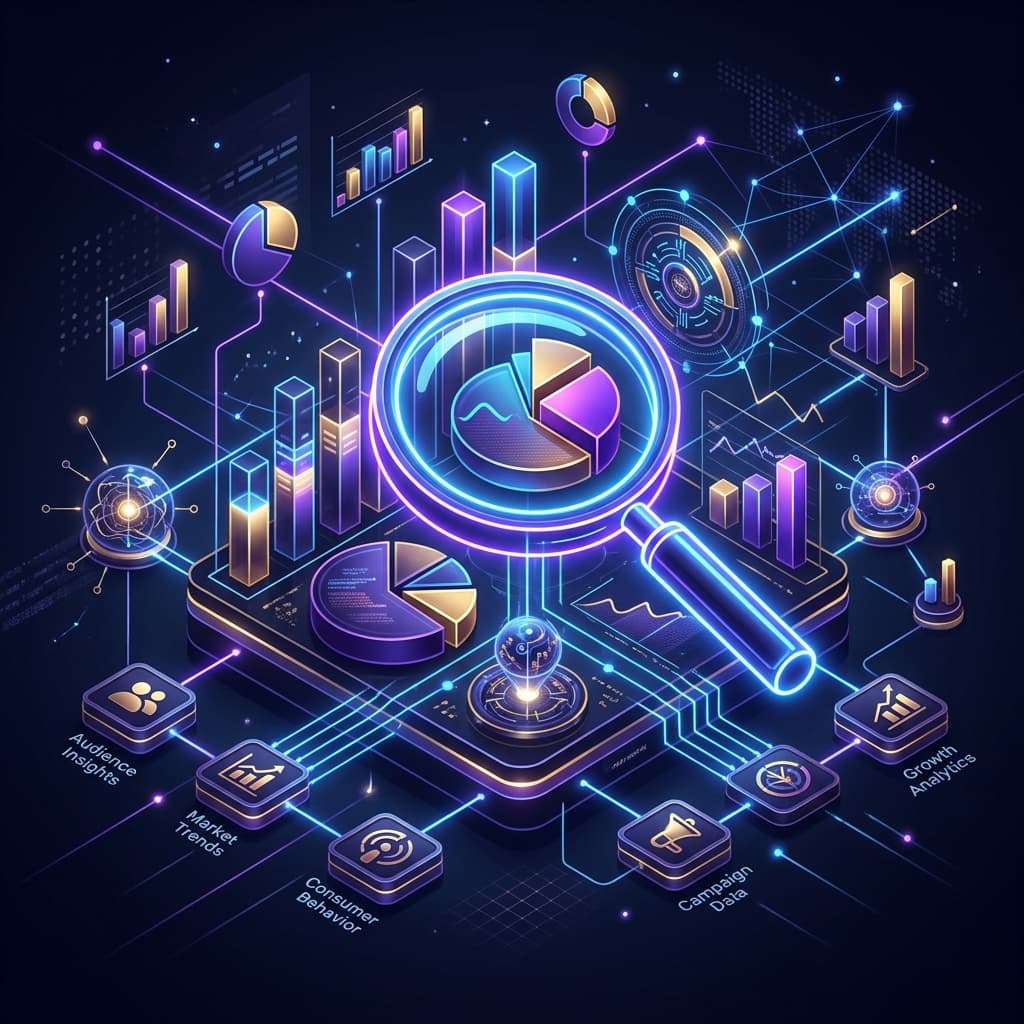 A premium dark-themed digital illustration representing original research, showing a glowing neon magnifying glass examining 3D charts, data nodes, and market trends.
