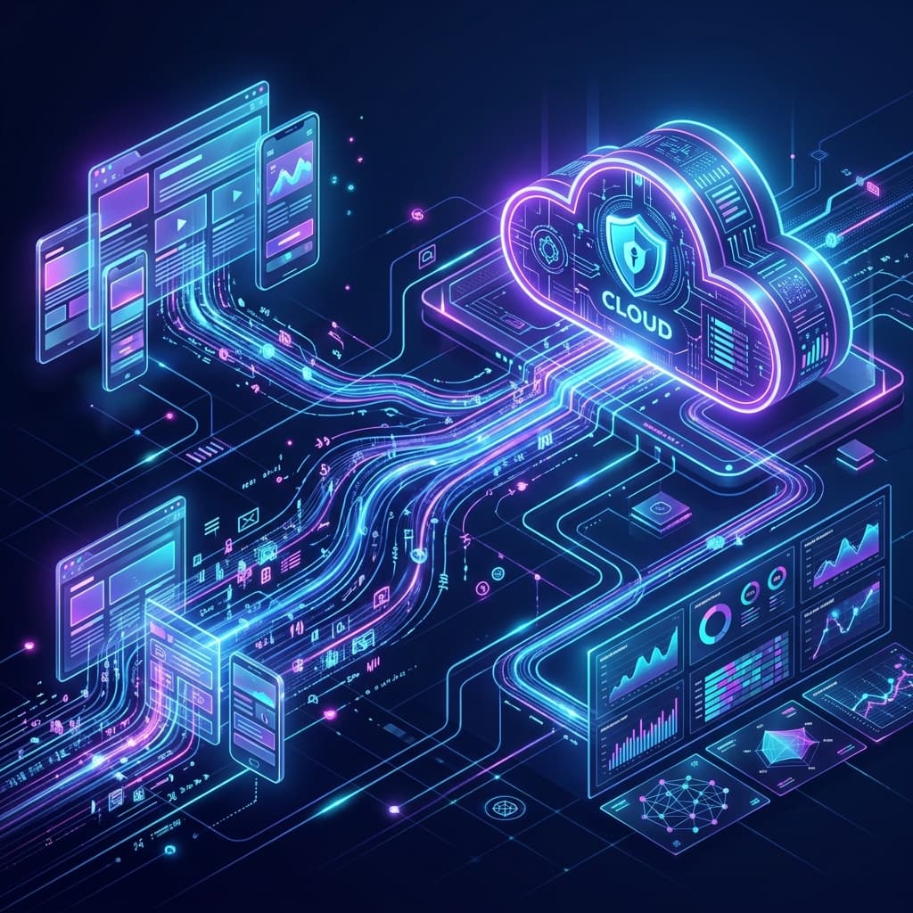 A high-tech digital illustration representing server-side analytics tracking, showing web data streams from browsers routing through a secure cloud server gateway to analytics dashboards.