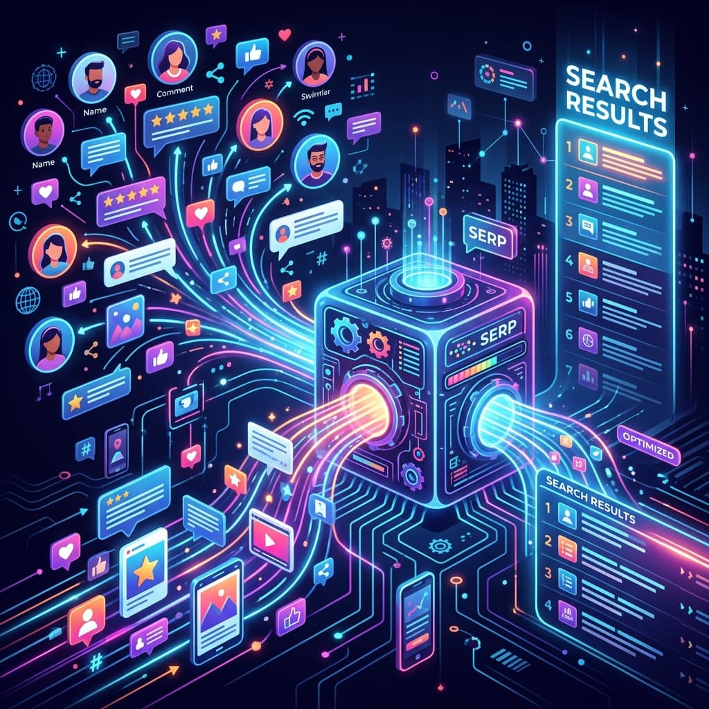 A vibrant tech-themed digital illustration showing user profiles sharing comments, reviews, and star ratings that flow into a central search engine, representing UGC SEO strategy.