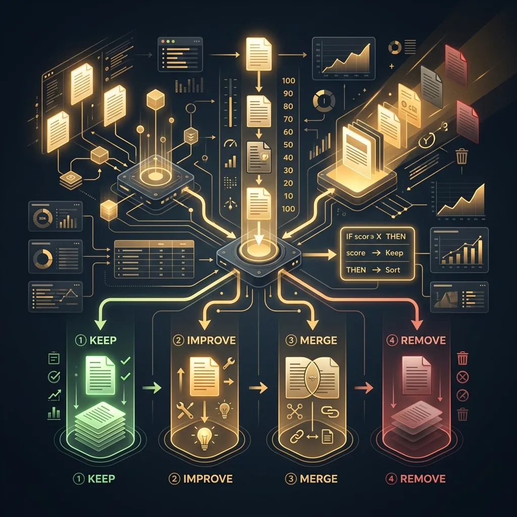 Illustration representing: Content Audit Framework: Find, Improve, Merge, or Remove Pages (2026)