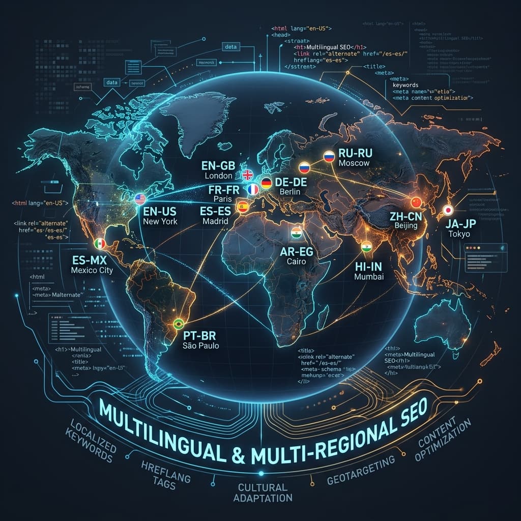 Digital illustration representing multilingual SEO, showing world globe connections and language code tags.