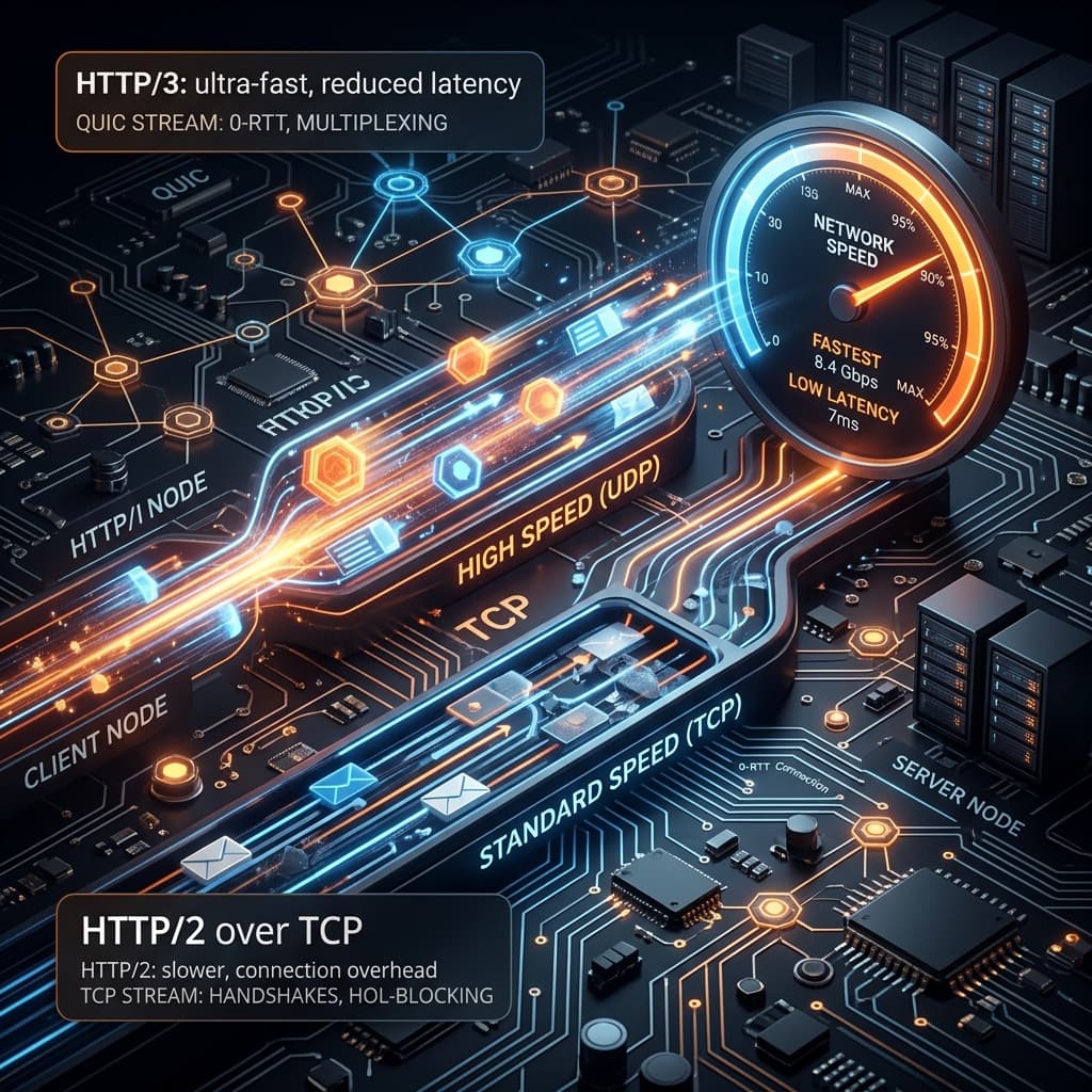 Network node diagram representing HTTP/3 data transmission packets flowing fast.