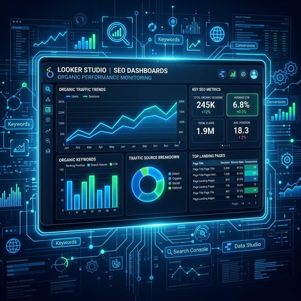 A modern digital dashboard mockup showing SEO metrics, line charts, and data tables in Looker Studio.