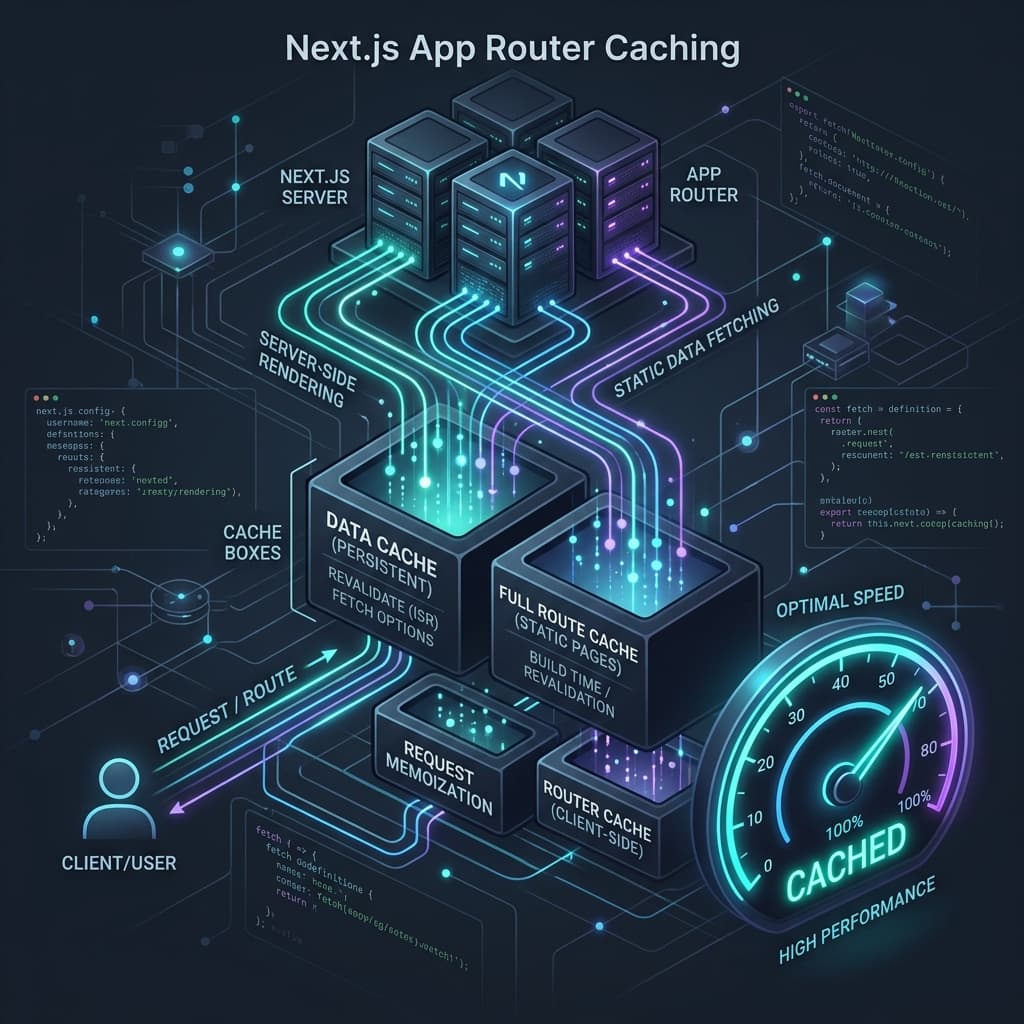 A technical diagram representing Next.js App Router Caching mechanisms, showing the flow of request memoization, data cache, full route cache, and router cache.