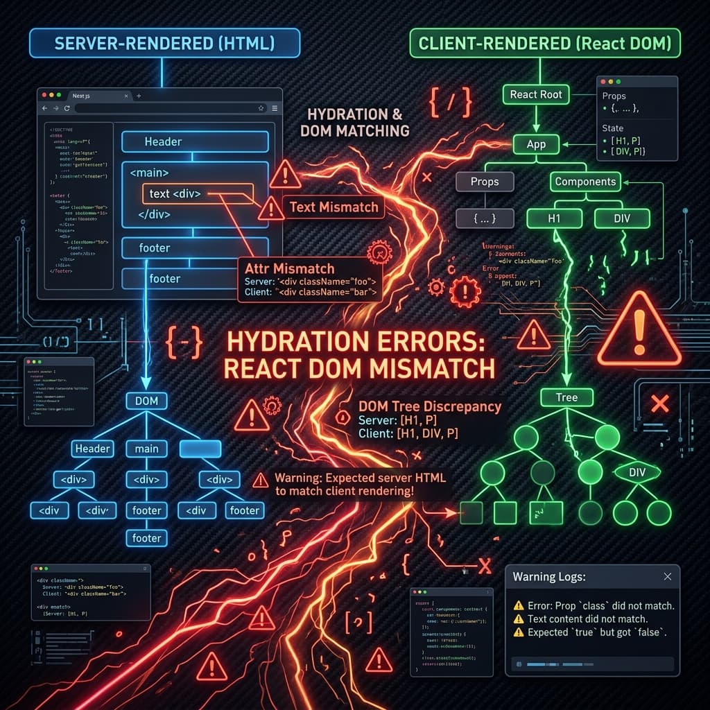 Neon red binary code strings displaying warning icons and error codes.