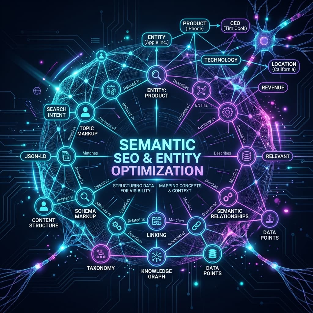 Holographic neural network mapping topics and entities visually.