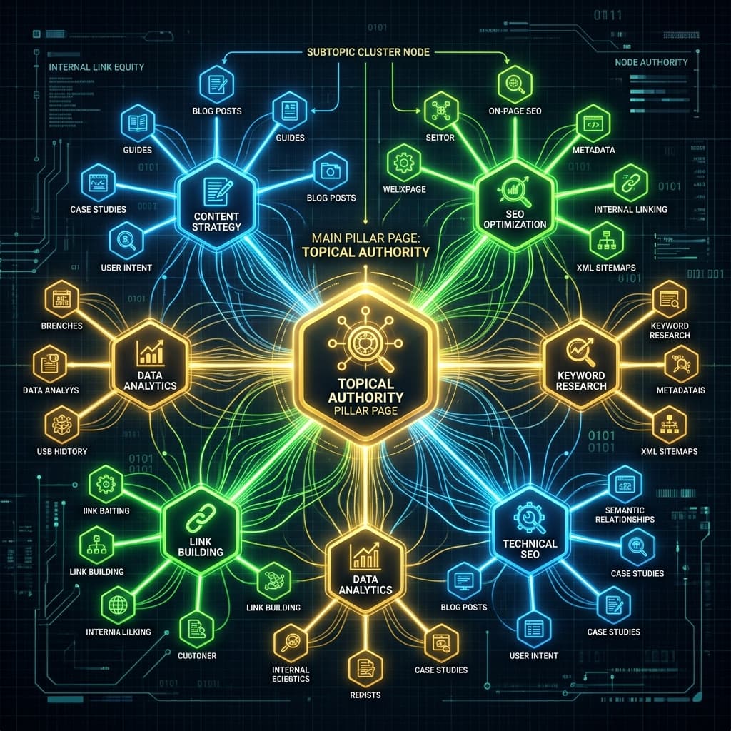 A structured digital flowchart showing topical pillar pages branching into cluster articles.