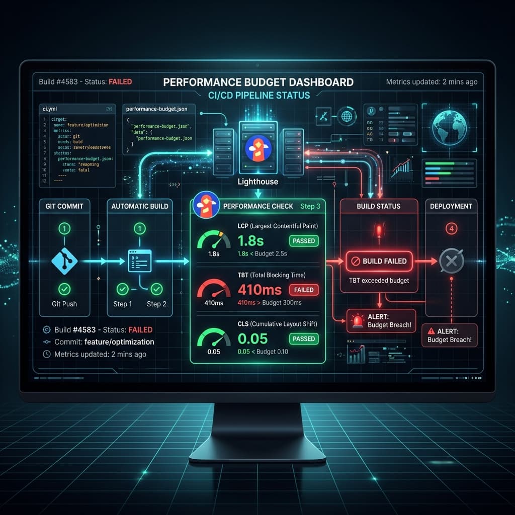 A digital dashboard showing build steps and performance metrics inside a code pipeline.