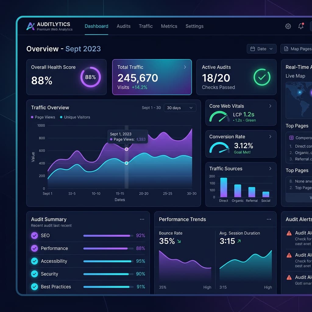 A modern analytics dashboard highlighting website analytics audit checklist indicators and tracking verification charts.