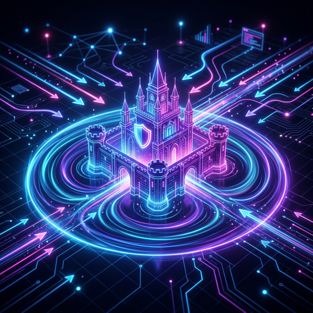 A glowing neon 3D visualization representing a brand authority moat, showing a central secure fortress receiving incoming references and backlinks