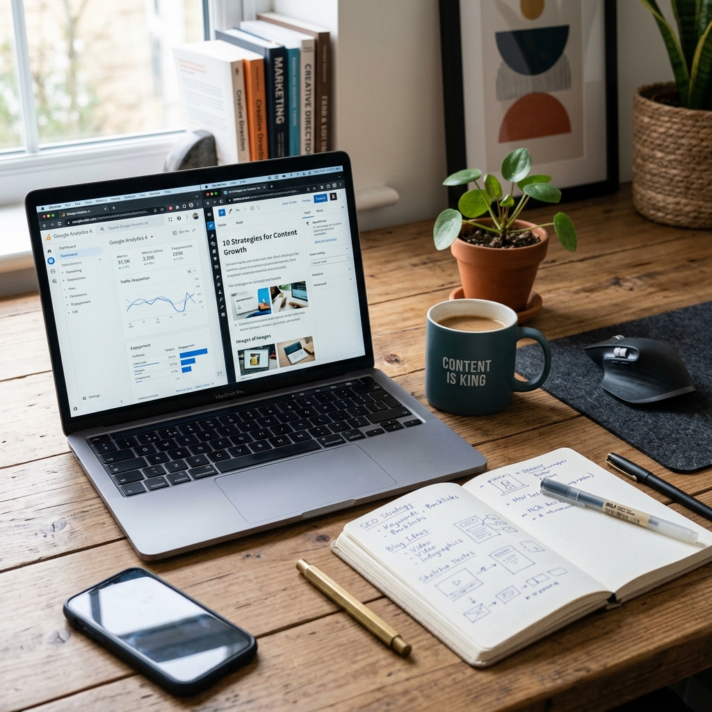 A professional content marketing workspace showing a laptop screen with analytical graphs, a notebook with strategy notes, and a coffee mug on a wooden desk