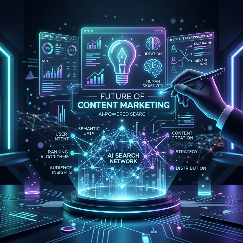 A premium holographic interface displaying data visualization, node network, and a lightbulb representing AI-powered content marketing strategies