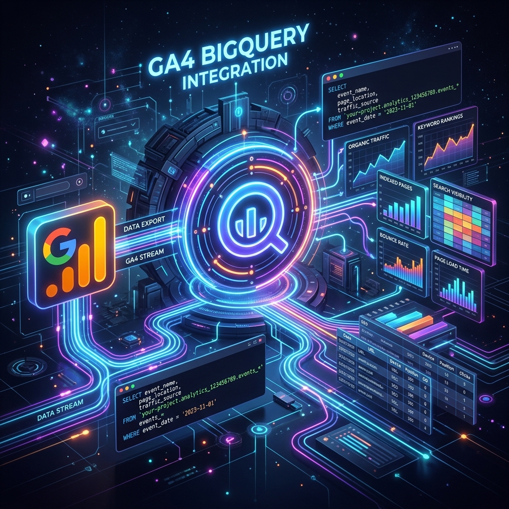 A premium digital illustration of GA4 BigQuery Integration showing data flow from analytics to cloud warehouse tables