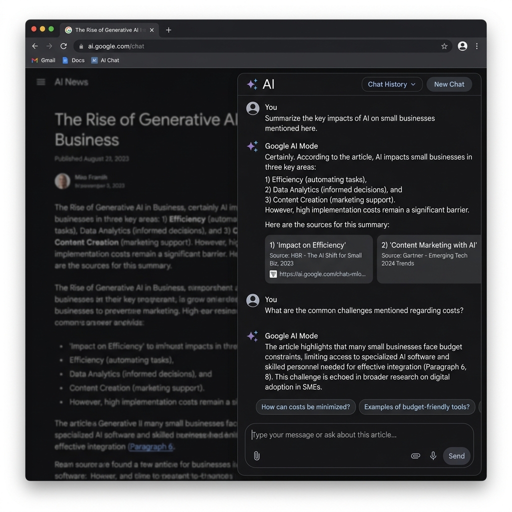 Google AI Mode conversational sidebar interface showing a persistent chat session with follow-up prompts and inline source cards