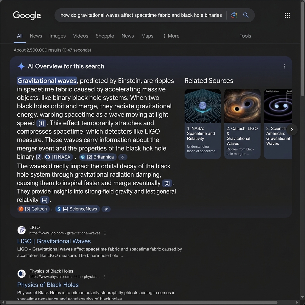 Example of a complex informational query displaying a Google AI Overview box with carousel citations and inline source links at the top of the SERP