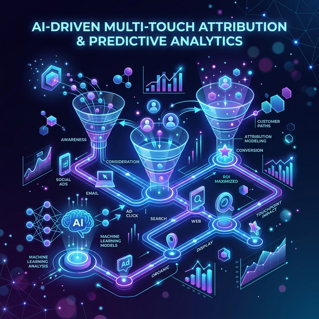 A glowing neon 3D visualization showing AI-driven multi-touch attribution, analyzing interconnected customer journeys through marketing funnels