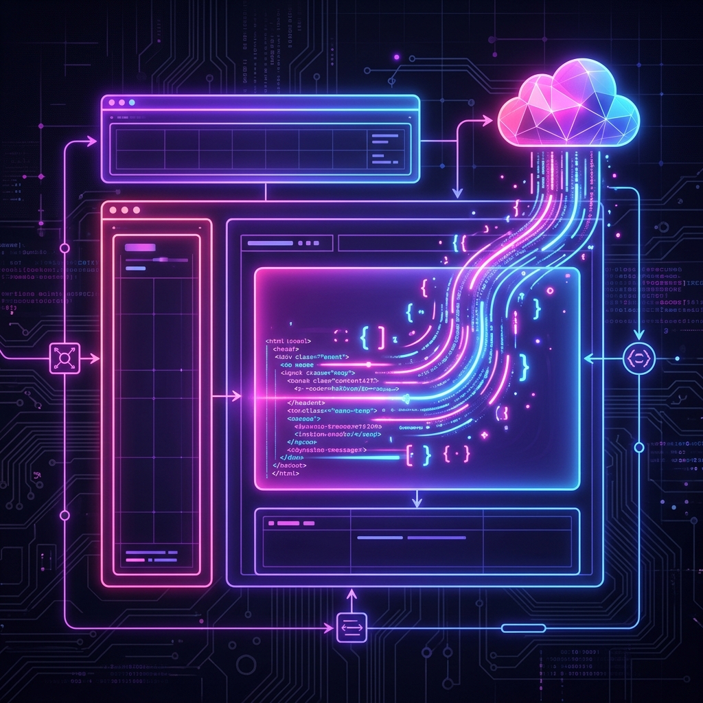 A neon schematic diagram illustrating Next.js Partial Prerendering (PPR) architecture, showing a static webpage skeleton layout being populated by dynamic content streaming from a cloud server