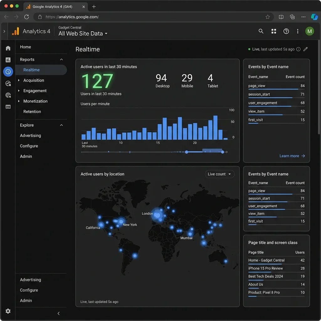 Screenshot Placeholder: Google Analytics 4 Realtime report confirming tag execution after domain update