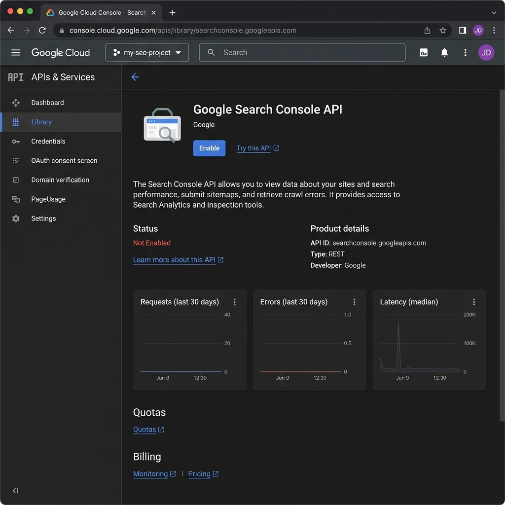 Screenshot Placeholder: Google Cloud Console Search Console API enablement page