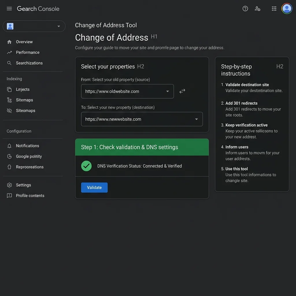 Screenshot Placeholder: Google Search Console Change of Address Tool configuration interface