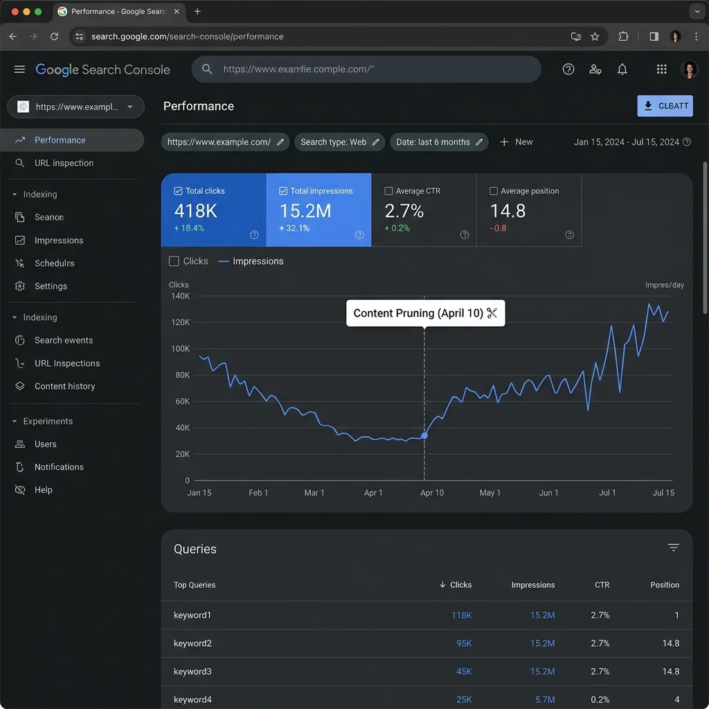 Screenshot: Google Search Console Performance dashboard showing impressions recovery after content pruning