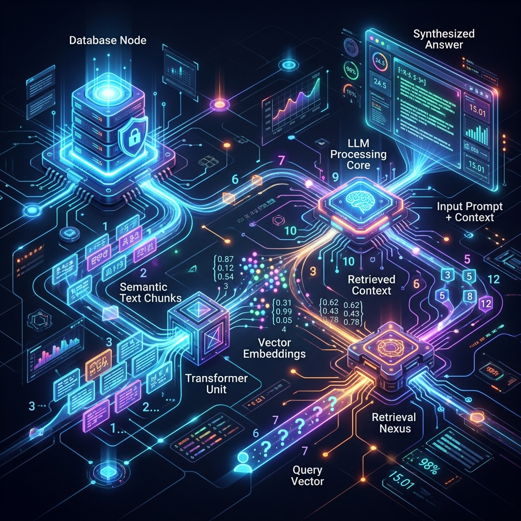 A glowing neon 3D visualization representing the Retrieval-Augmented Generation RAG pipeline for AI search, showing database nodes, vector embeddings, and LLM processing context